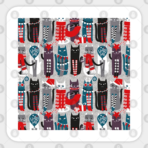 Feline Christmas vibes // pattern // grey background grey green white purple beet and black kittens Sticker by SelmaCardoso